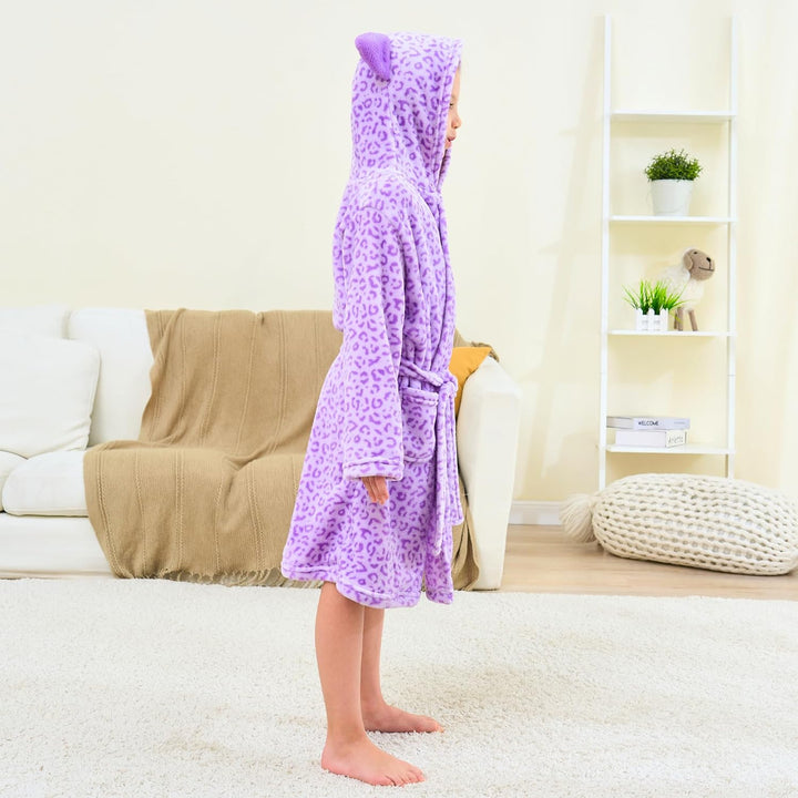 Katzen Bademantel für Mädchen Weiches Fleece Morgenmäntel mit Kapuze und Katzenohren Leopard Lila 4-