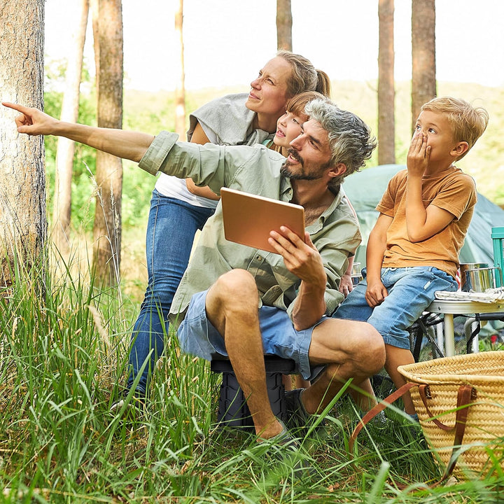 Relaxdays Teleskophocker, faltbar, Tragegurt, Outdoor, höhenverstellbarer Campinghocker, HBT 44,5 x