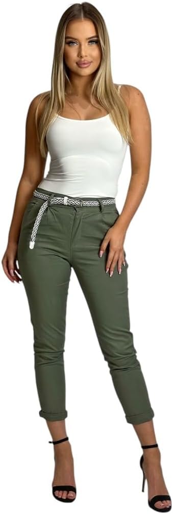 Mississhop Damen Baumwolle Klassische Chino Hose mit Gürtel XL Oliv, XL Oliv