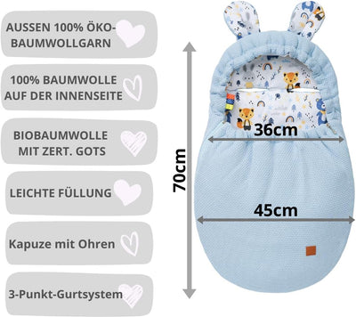 Mikos Einschlagdecke Babyschale Herbst Winter, Baby Fusssack mit Zip 100% Baumwolle GOTS Zert. Stric