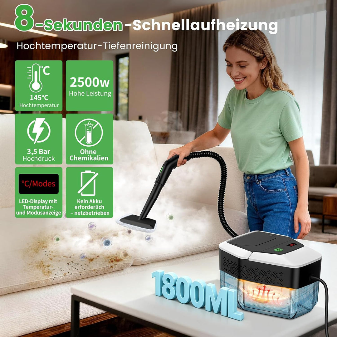 Granarbol 1.8L Dampfreiniger, 2500W Steam Cleaner - 8s Heizung 275°F/145°C, Entfernt Fett mit 18PCS