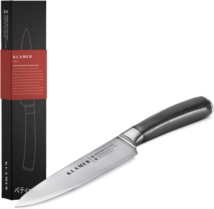 KLAMER Damast Allzweckmesser 13cm, scharfes Küchenmesser, Profi Kochmesser aus japanischem Stahl All