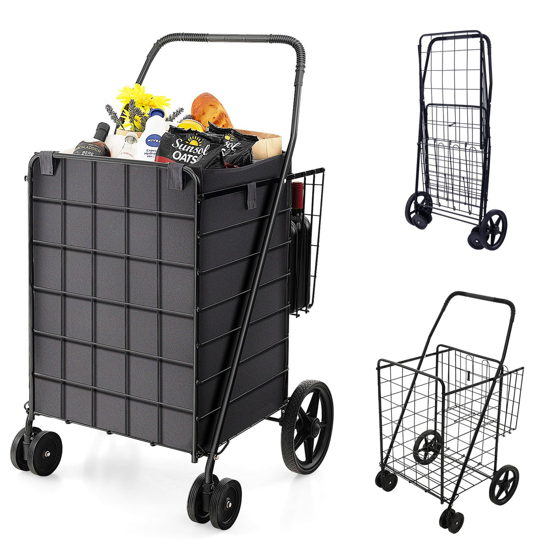 COSTWAY Einkaufstrolley Klappbar, Einkaufswagen auf Rollen mit Abnehmbarer Oxford-Tasche & 2 Körben,