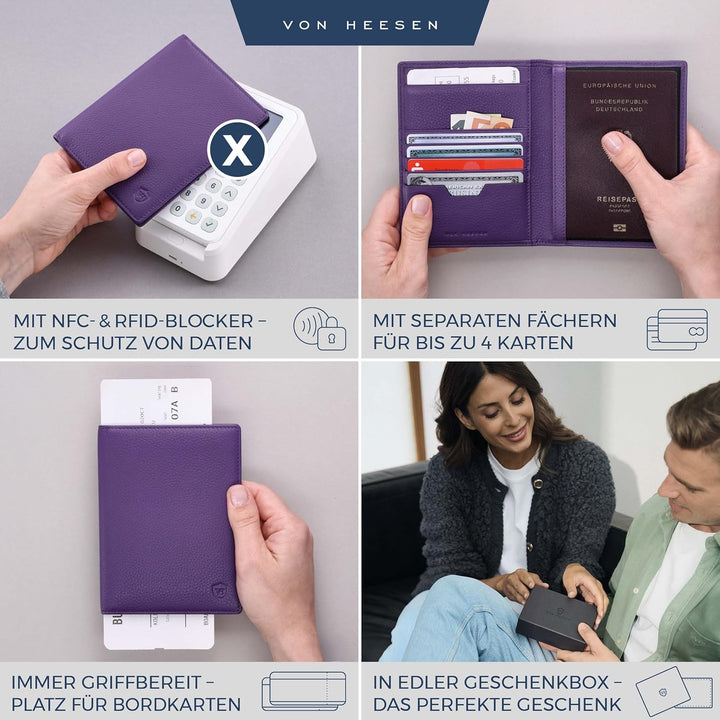 VON HEESEN® Reisepasshülle Leder Etui mit RFID-Schutz - Passhülle Passport Reisepass Mappe Hülle Org