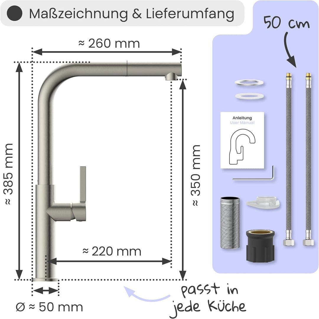 instmaier Cassia | Küchenarmatur mit herausziehbarem Auslauf | Edelstahl | Wasserhahn Küche 360° sch