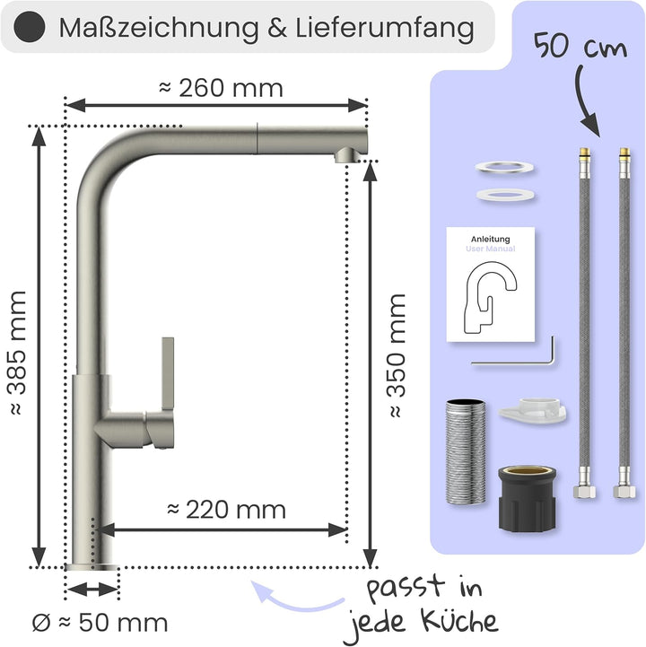 instmaier Cassia | Küchenarmatur mit herausziehbarem Auslauf | Edelstahl | Wasserhahn Küche 360° sch