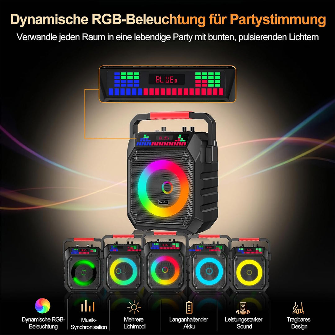 Karaoke Maschine mit 2 Mikrofone, Tragbaren Bluetooth Lautsprecher Box für Erwachsene/Kinder mit Lic