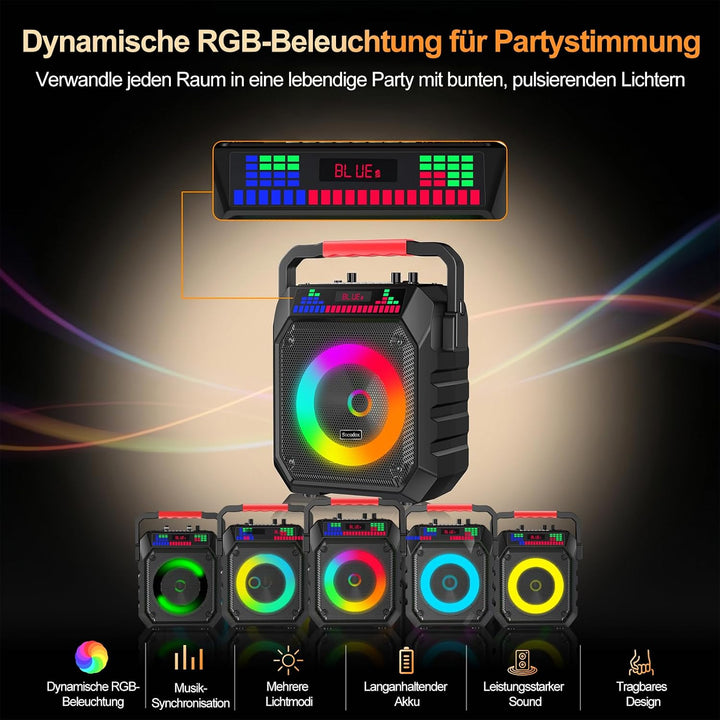 Karaoke Maschine mit 2 Mikrofone, Tragbaren Bluetooth Lautsprecher Box für Erwachsene/Kinder mit Lic
