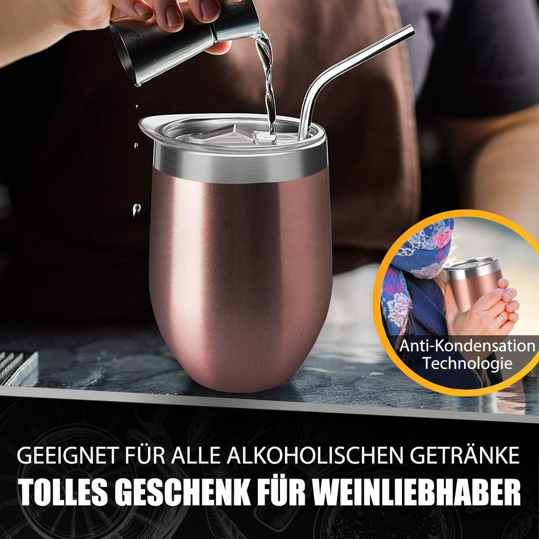Wein Becher to go,2 Stück Weinglas to go,Edelstahl Weinbecher Isoliert mit Deckel,Sekt Camping Gesch