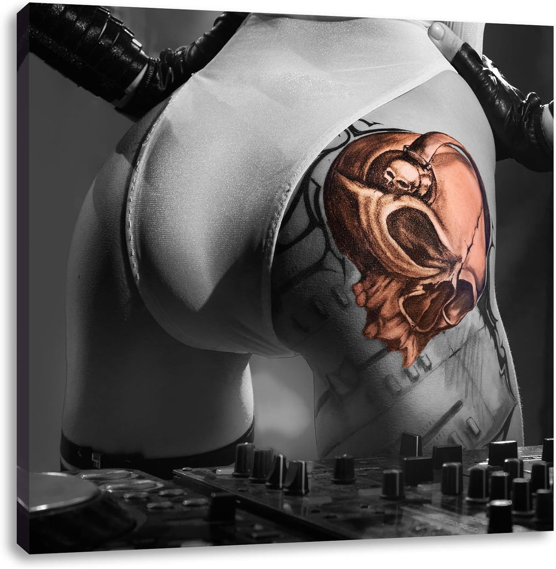 Pixxprint Sexy Frau am Plattenpult Schwarz/Weiss, Format: 70x70 auf Leinwand, 70x70