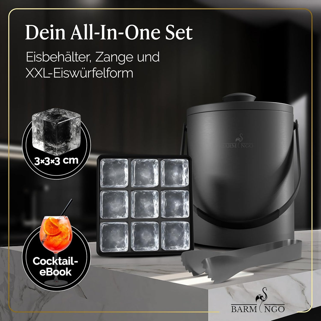 BARMINGO Edelstahl Eiswürfelbehälter mit Deckel - 2l Eisbehälter mit Sieb, Eiswürfelform, Zange | Ei