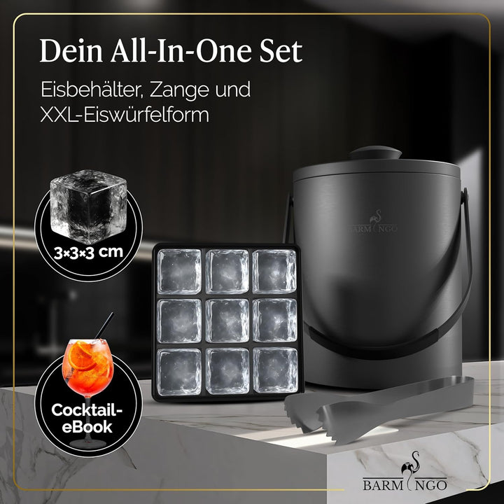 BARMINGO Edelstahl Eiswürfelbehälter mit Deckel - 2l Eisbehälter mit Sieb, Eiswürfelform, Zange | Ei