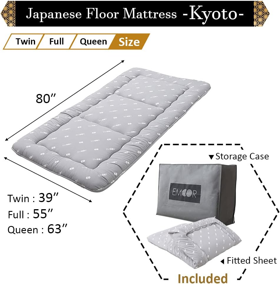 EMOOR Japanisches Boden-Futon-Set -Kyoto- (Matratze, Spannbettlaken und Aufbewahrungskoffer) 140 x 2