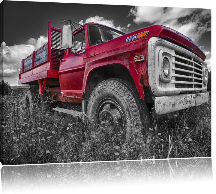 Pixxprint Truck in USA auf Blumenwiese 100x70cm Leinwandbild Wandbild Kunstdruck, 100x70