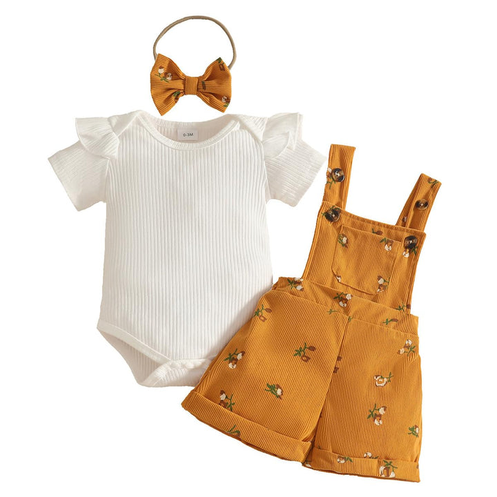 Kleinkind Baby Mädchen Sommerkleidung Rippstrick-Tops Trägerhosen mit Blumenmuster und Stirnband 3-6