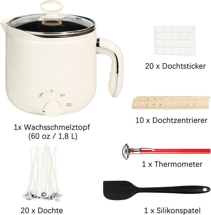 JULWHISPER Wachsschmelzer für die Kerzenherstellung 1,8L/60oz Wachsschmelzer mit Ausgiessvorrichtung