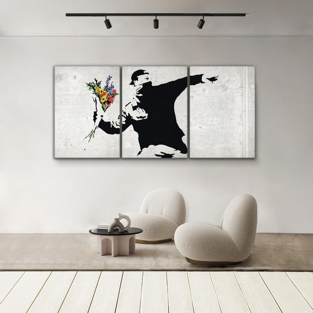 Giallobus - Grosse Gemälde im XXL-Format - Banksy - Street Art - Blumenwerfer - Leinwand - 218x100cm