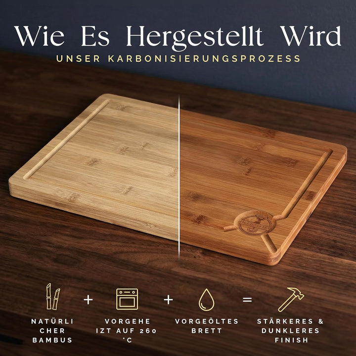 Deer &amp; Oak Schneidebrett-Set 3-teilig, karbonisierter Bambus vorgeölt | Mit Aufhängeloch · bei 260 °