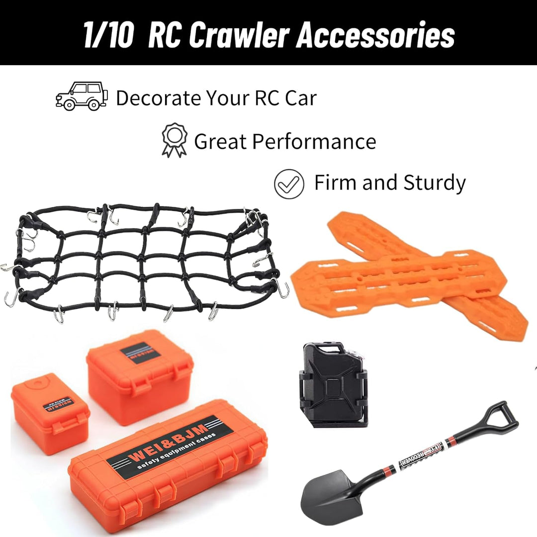 RC Crawler Zubehör, 1/10 Truck Dachträger Rc Zubehör Set 8 in 1 Tankaufbewahrungsbox, Gepäcknetz, Sc