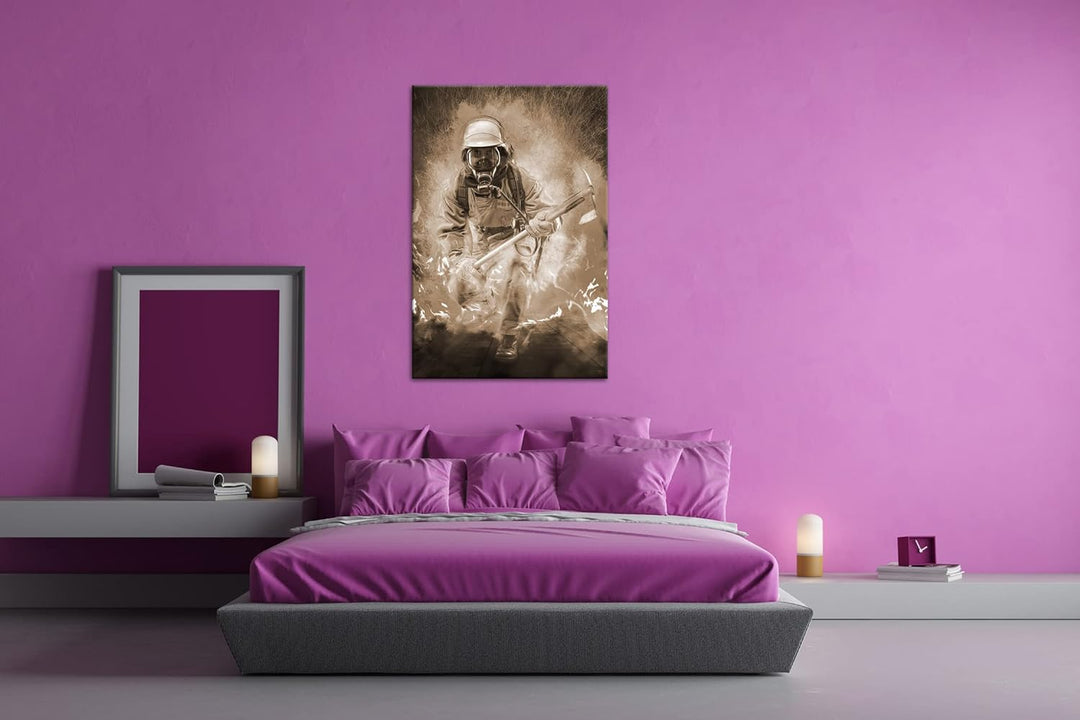deyoli Feuerwehrmann im Einsatz Format: 100x70 Effekt: Sepia als Leinwandbild, Motiv fertig gerahmt
