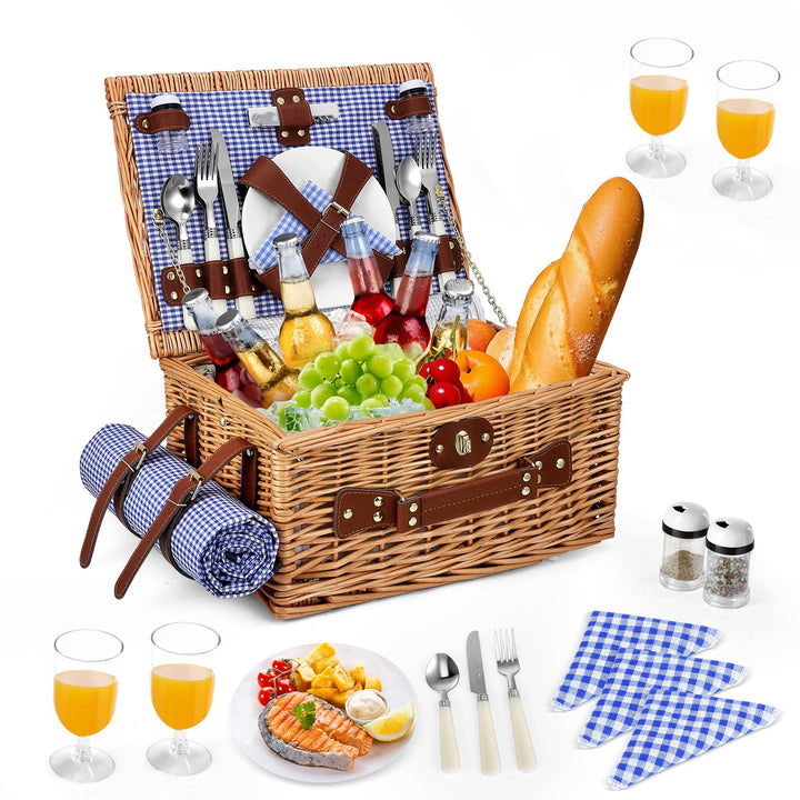 Weidenkorb für 4 Personen, Vintage Picknickkorb Set, mit Kühlfach, Wasserdichter Decke, Besteck, für