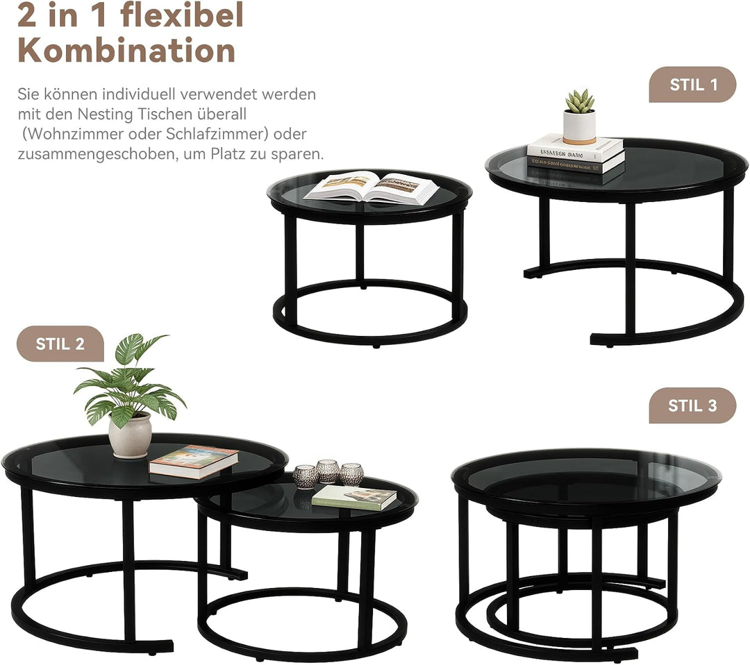 Hawthyhome 2 Stücke Beistelltisch Set rund, Couchtisch aus Glas mit Metallrahmen,Moderne Kaffeetisch