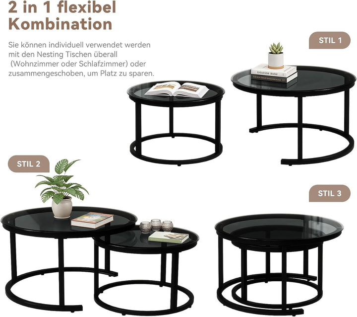 Hawthyhome 2 Stücke Beistelltisch Set rund, Couchtisch aus Glas mit Metallrahmen,Moderne Kaffeetisch