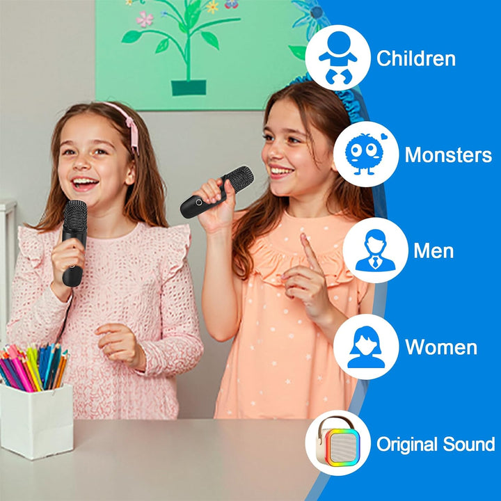 Mini Karaoke Maschine mit 2 Drahtlosen Mikrofonen, Karaoke Maschine Kinder, tragbarer Bluetooth-Laut