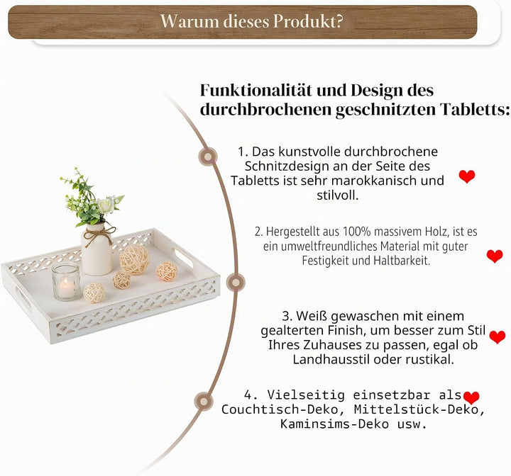 Hanobe Serviertablett Holztablett Deko Tablett: Rechteckig Bauernhaus Dekotablett Holz Weiss mit Hen