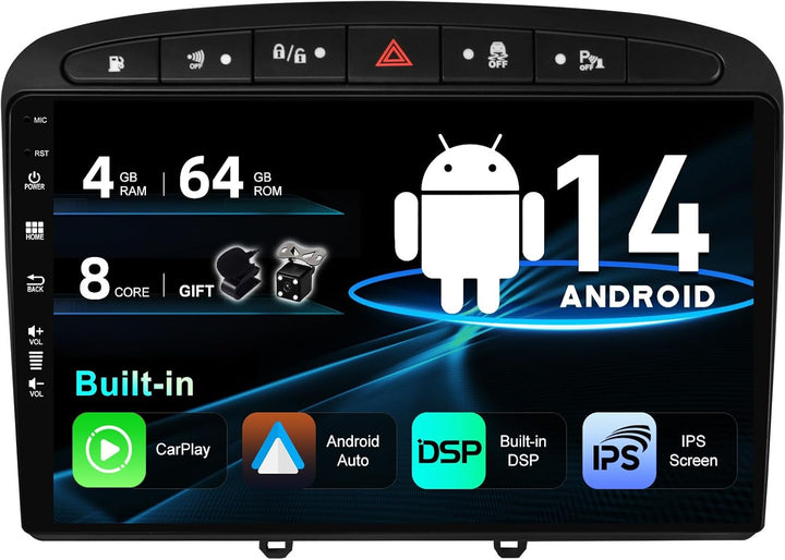 SXAUTO Android 12 IPS Autoradio für Peugeot 308/408 (2010-2016) - Eingebaut Carplay/Android Auto/DSP