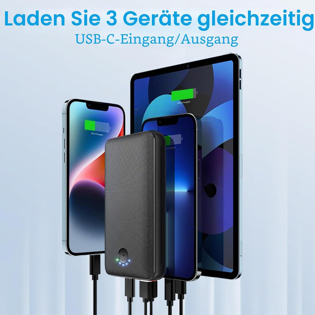 JIGA Powerbank 30000mAh Externer Akku Tragbares Ladegerät USB C Power Bank mit Taschenlampe, 3 Eingä