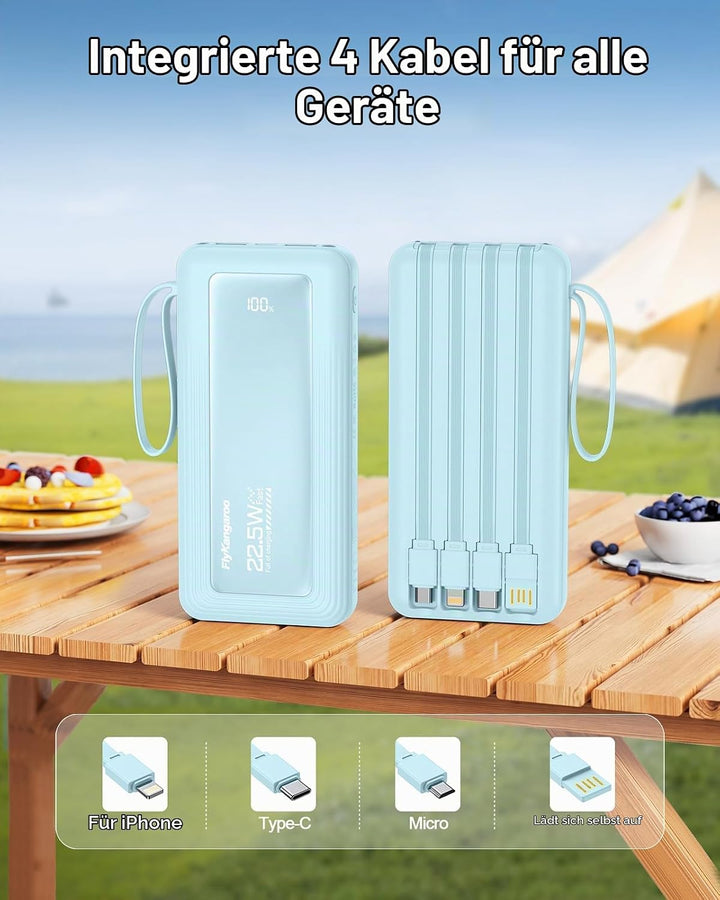 Powerbank mit integrierten Kabeln, 10000mAh, 22,5W Schnellladefunktion, USB-C LED-Anzeige, tragbares