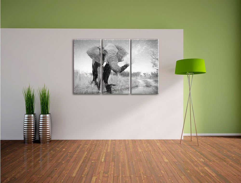 Pixxprint Elefant spritzt mit Wasser als Leinwandbild/Grösse: 3 Teilig (120x80 cm) cm/Wandbild/Kunst