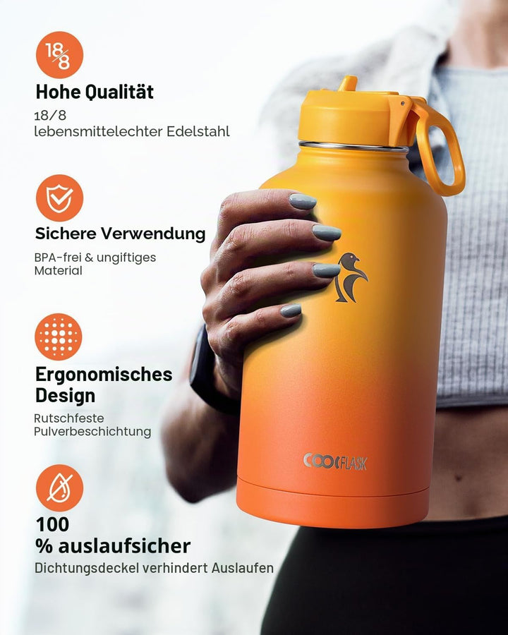 Coolflask Isolierte Wasserflasche mit Strohhalm und 3 Deckeln, 1,8 l Wasserkrug, grosser Metall-Edel
