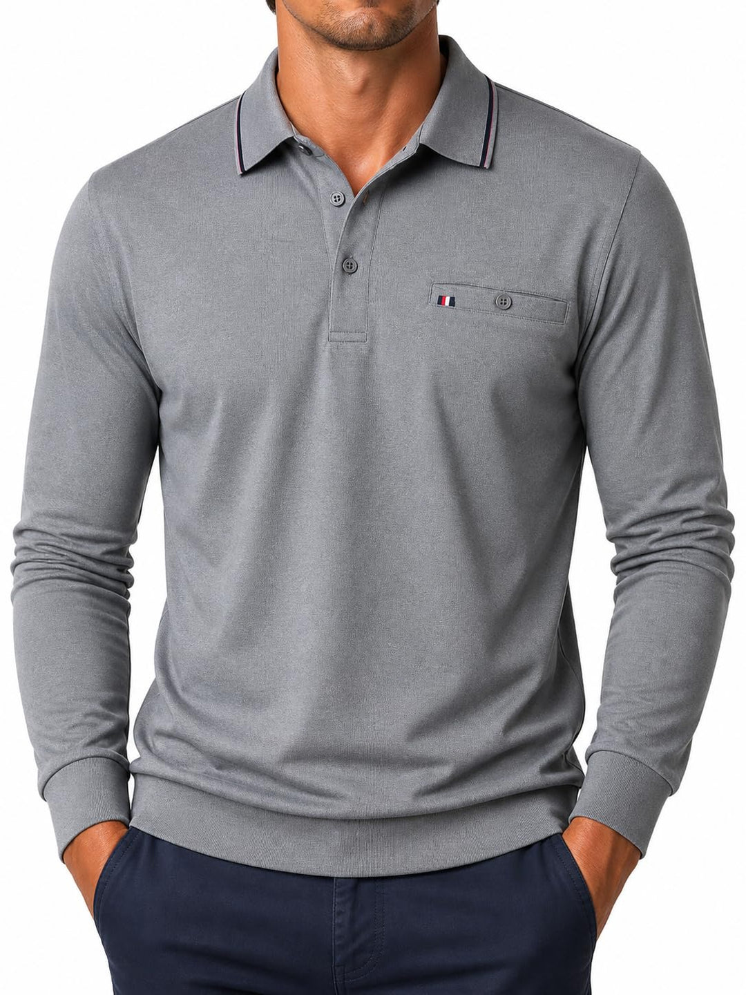 Soltice Herren Langarm Poloshirt, Kariert Kragen Polohemd mit Brusttasche, Blousonshirt aus Baumwoll
