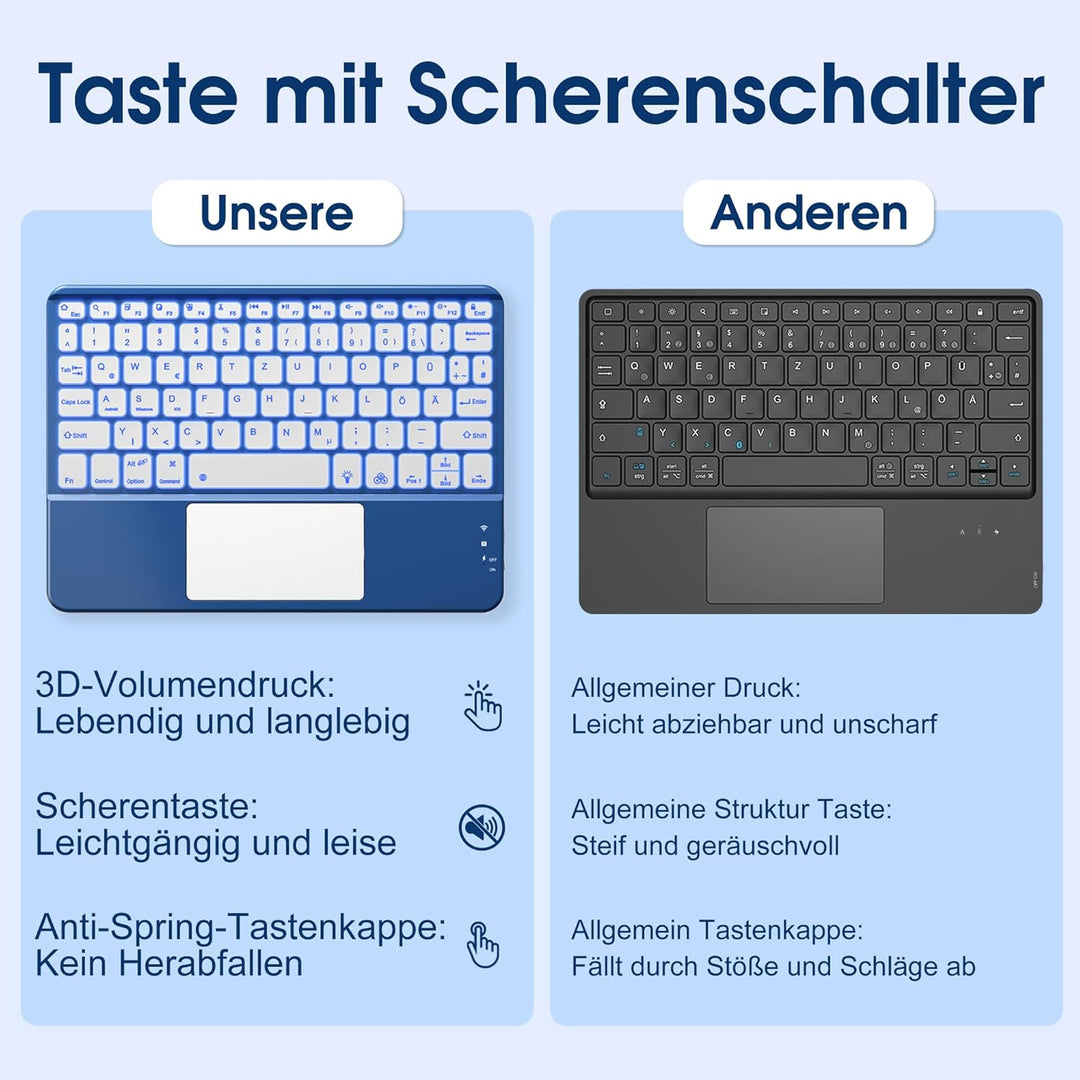 Vobafe Bluetooth Tastatur mit Touchpad, Kabellose 7-farbiges Backlight QWERTZ Tablet Keyboard, Trale
