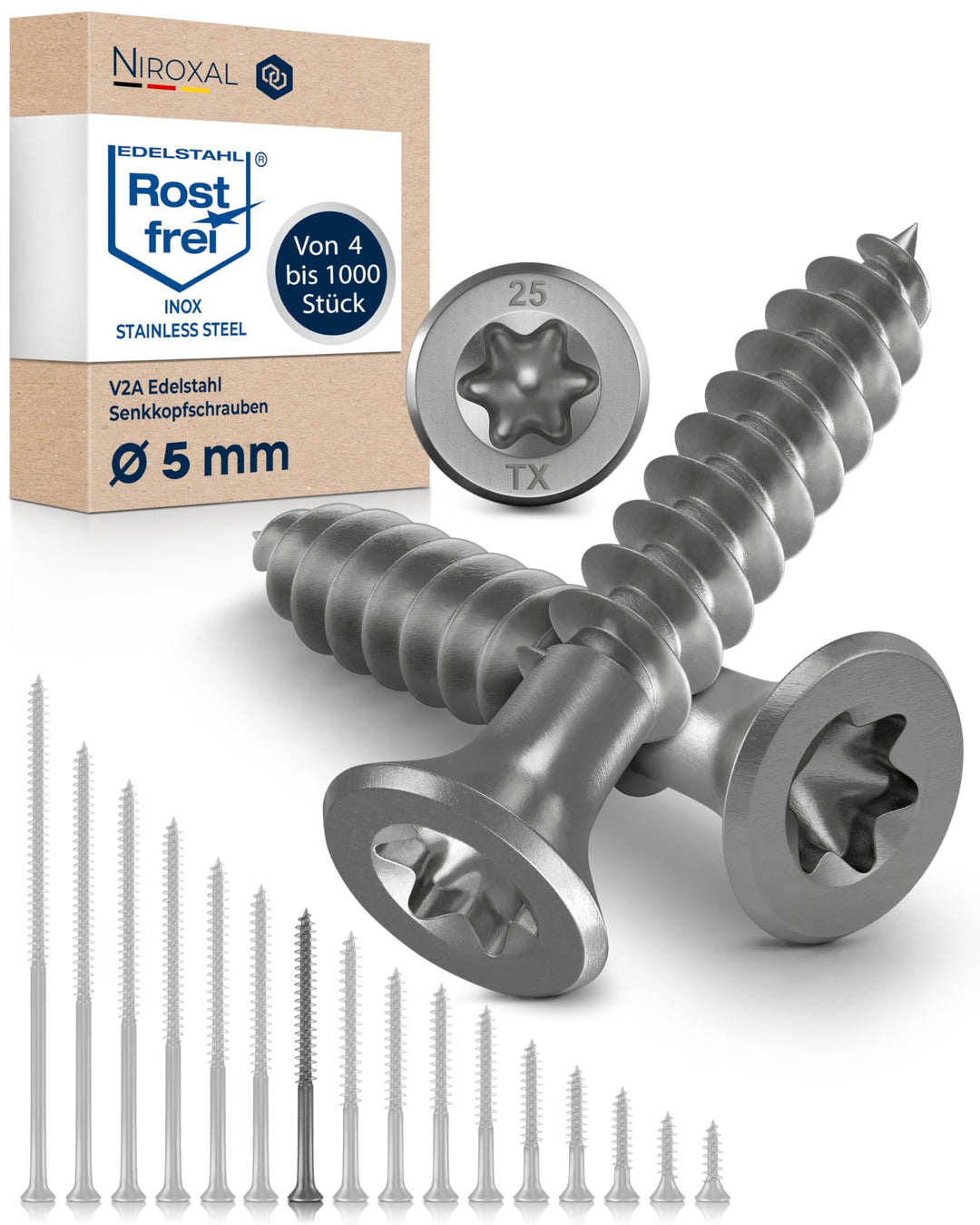 Schrauben Torx Edelstahlschrauben 5x60 Edelstahl V2A rostfrei Spanplattenschrauben für Holz Teilgewi