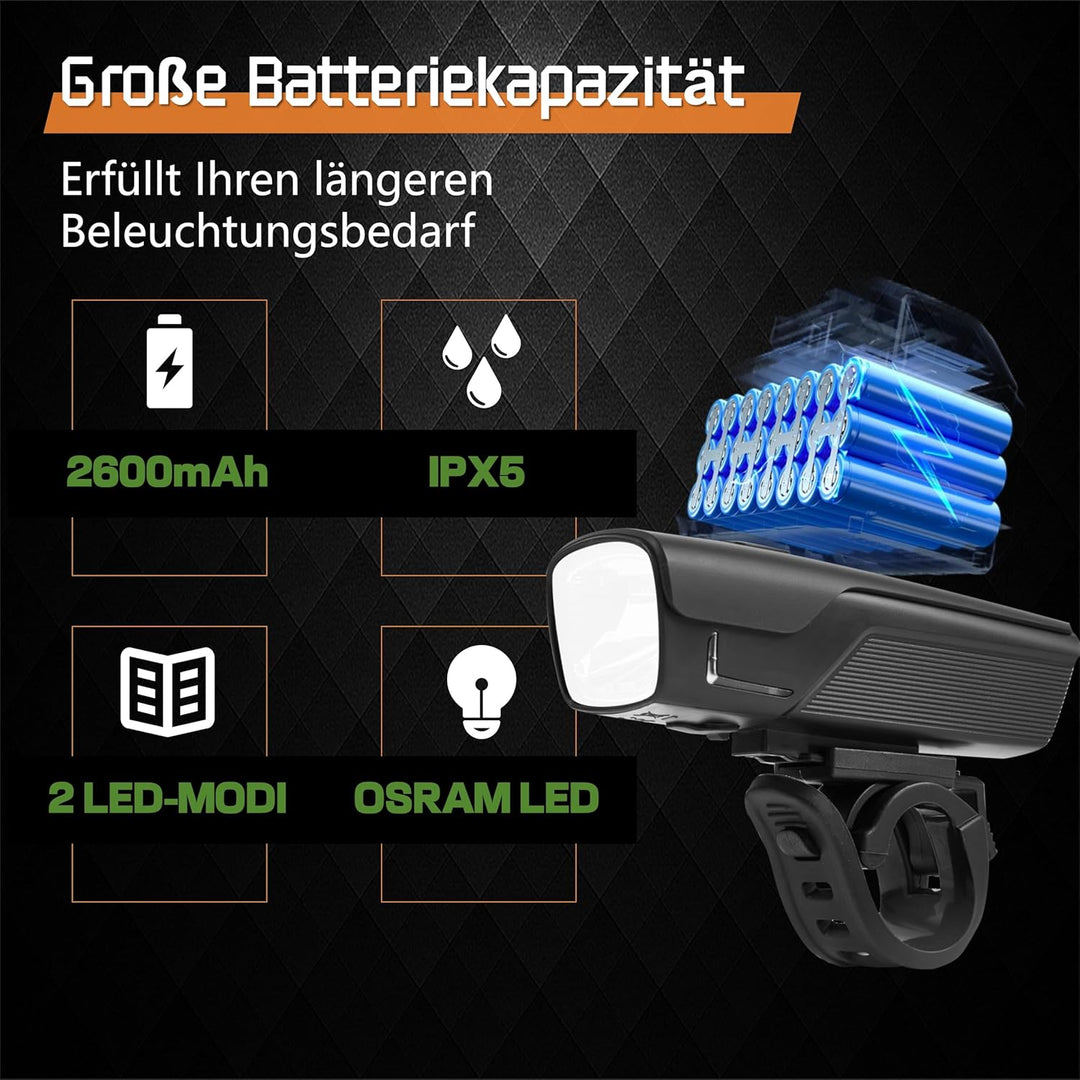 SUNFATT Fahrradlicht Set,StVZO Zugelassen Fahrrad Licht vorne&rücklicht-[2600mAh]-IPX5 Wasserdicht F