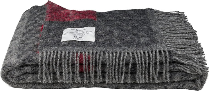 ÖJBRO VANTFABRIK "Skaftö Grå gewebte Wolldecke mit Fransen 130x220 cm/grau/Russ/rot 100% Merinowolle