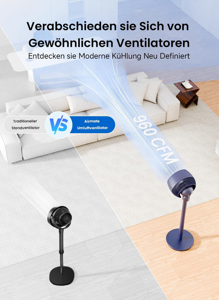 AIRMATE 25dB Standventilator, Ventilator Leise 26M Windentfernung, 1600m³/h Luftvolumen Echt Turbo-L