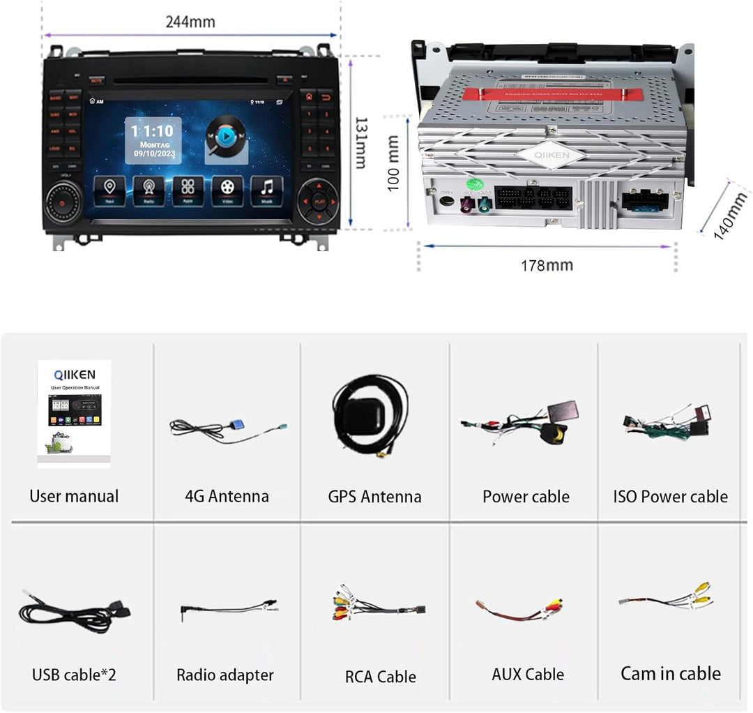 QIIKEN Autoradio mit Bildschirm, für Mercedes-Benz Autoradio Bluetooth CarPlay/Android Auto/GPS/Buil
