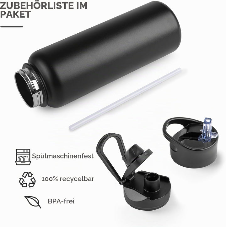 Edelstahl Trinkflasche - 1.2L - mit Strohhalm,Auslaufsicher,Kohlensäure Geeignet,BPA frei Thermosfla