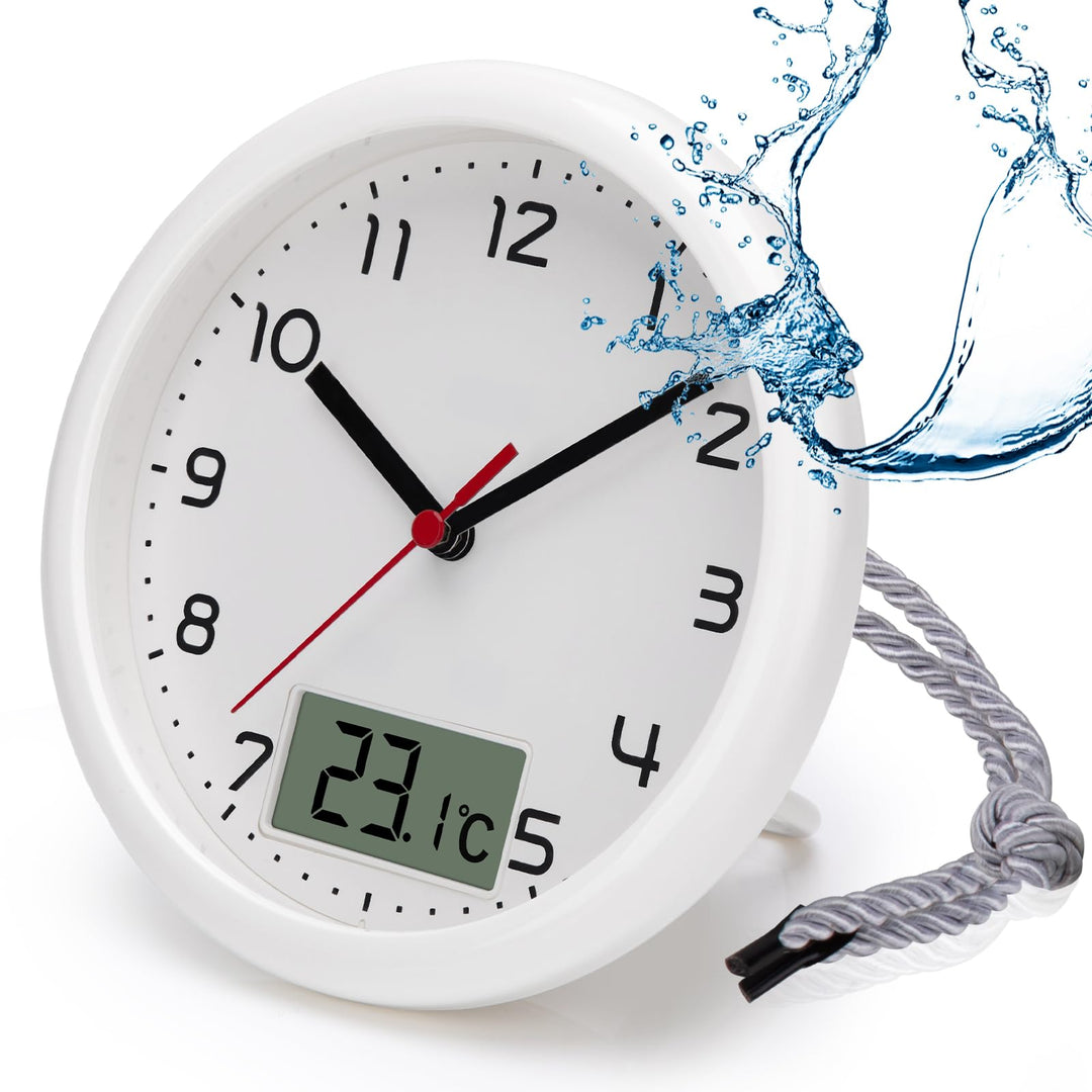 VIVILINEN Badezimmeruhr mit Temperaturanzeige Wanduhr ohne Tickgeräusche Küchenuhr mit Hängeband & S