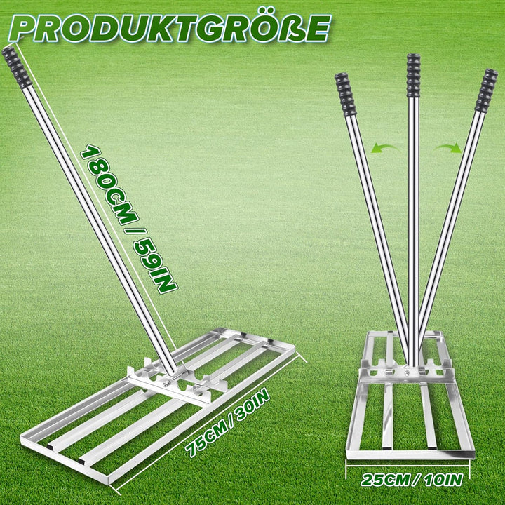 Rasen Nivellierrechen, 75x25 cm Edelstahl Garten Rasenrakel, Rasenrechen mit 180 cm Verlängertem Gri