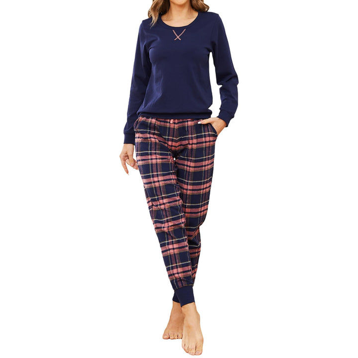Mnemo Schlafanzug Damen 100% Baumwolle Bequemer Pyjama Damen Baumwolle mit Karomuster S Blaues Pulve