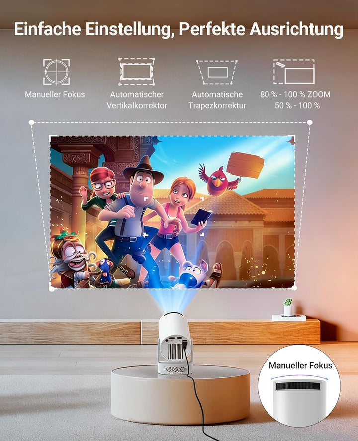 Mini Beamer Unterstützt 4K 1080P, Tragbarer Projektor mit 5G WiFi 6 und BT 5.4, Mini Projektor mit A