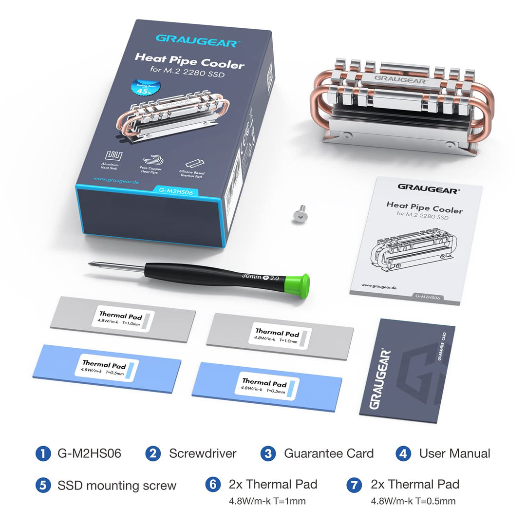 GRAUGEAR| M.2 NVMe SSD (2280) Heatpipe-Kühlkörper | lautloser Kühler | reduziert die Temperatur um b