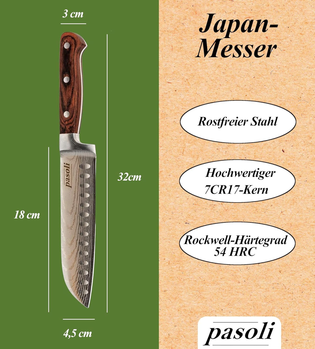 pasoli Professionelles Japanese Messer - Edelstahl mit Klingenschutz & edlem Holzgriff - Rasiermesse