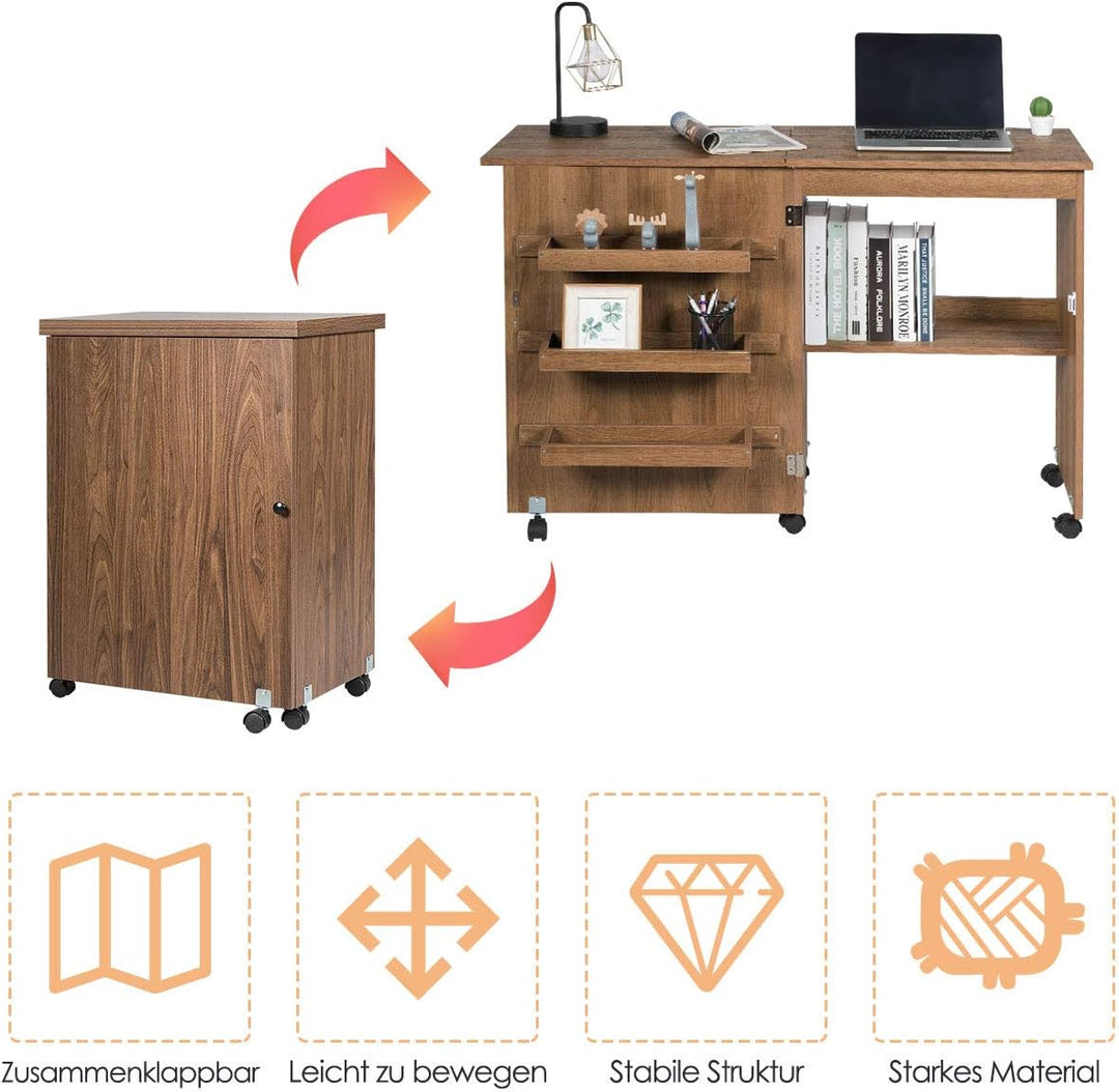DREAMADE Nähtisch Nähmaschinenschrank Faltbar, Nähschrank Nähmöbel, Mehrzwecktisch mit 4 Rollen (Bra