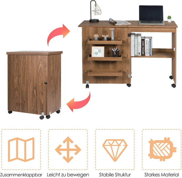 DREAMADE Nähtisch Nähmaschinenschrank Faltbar, Nähschrank Nähmöbel, Mehrzwecktisch mit 4 Rollen (Bra